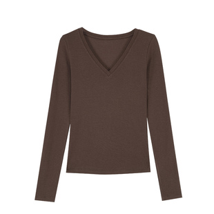 pusumede 知性柔雅 简约V领长袖T恤女气质修身显瘦打底针织上衣