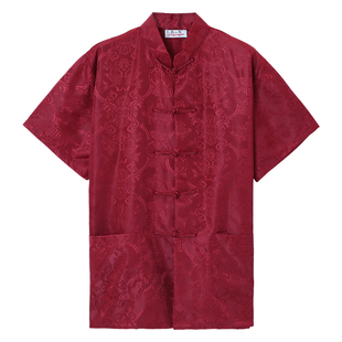 休闲舞台表演出男士民族青年中国风夏季中式绸缎短袖上衣唐装汉服