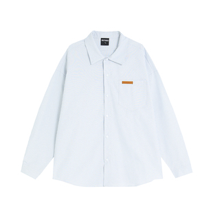 INSstudios 国潮牌情侣美式小皮标LOGO条纹衬衫宽松长袖衬衣外套