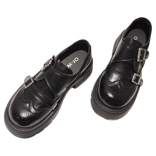 6CM~老钱风厚底真皮皮带扣雕花乐福鞋甜酷风布洛克鞋英伦小皮鞋女