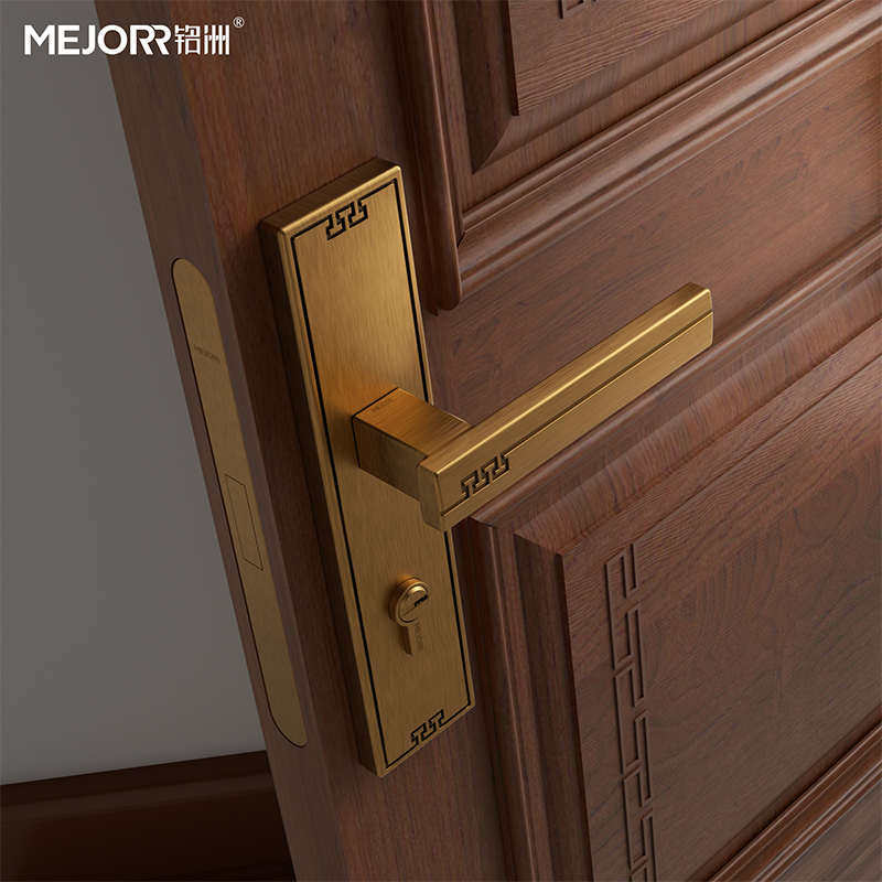 铭洲新中式房门锁室内卧室双开门磁吸静音门锁别墅复古实木门把手