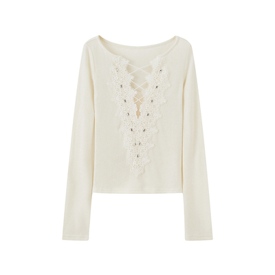 Sun雅乔 秋冬新款长袖V领针织衫重工百搭辣妹蕾丝拼接打底上衣女