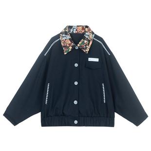 KEIKO美式提花翻领休闲夹克秋季复古穿搭拼接外套+直筒长裤两件套