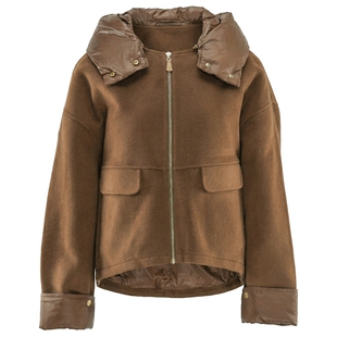 马天奴2025新款咖色连帽绵羊毛呢鹅绒羽绒服连帽短款保暖时尚百搭