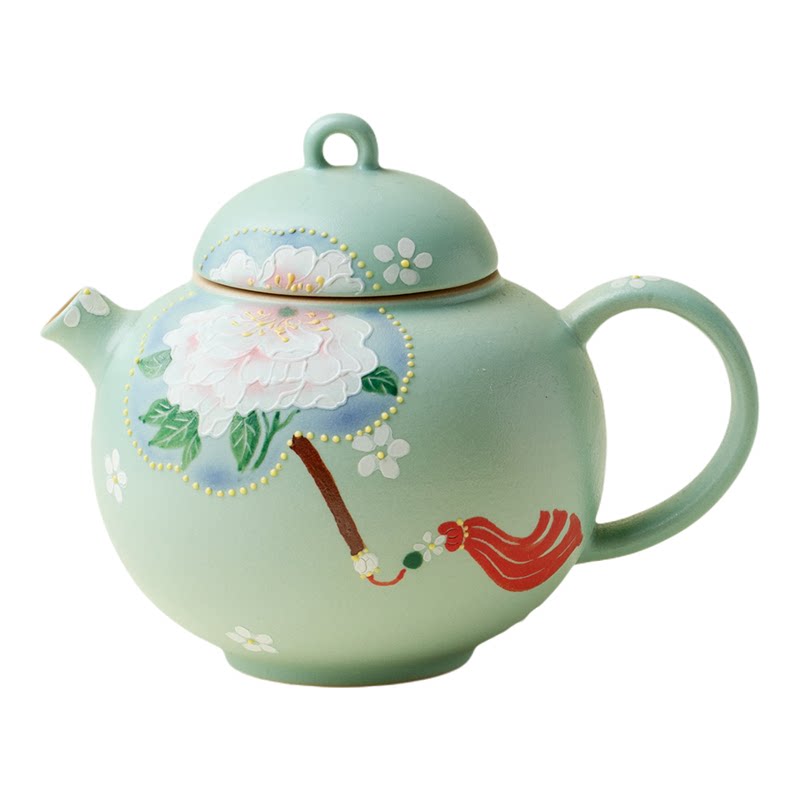 里作 手绘浅青开窗牡丹圆肚茶壶高端陶瓷泡茶壶家用功夫茶具单壶