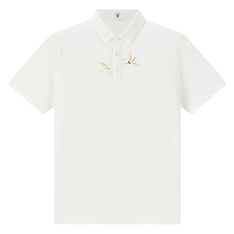 男士短袖清新国风白色仙鹤polo