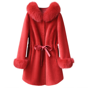 羊剪绒大衣女2025冬新大气奢华狐狸毛领连帽羔羊毛毛颗粒皮草外套