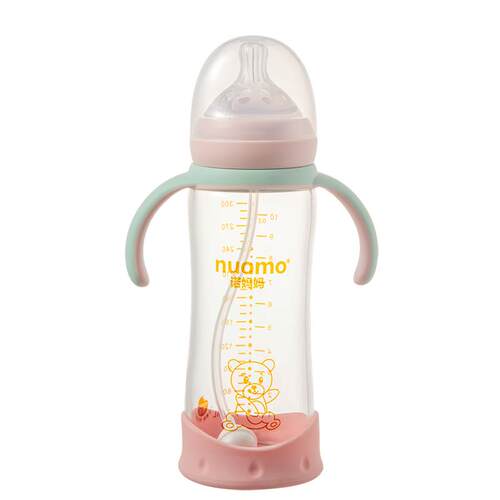 诺妈妈玻璃奶瓶6个月以上断奶吸管防胀气防摔宽口大宝宝奶瓶300mL