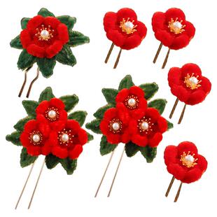 都督夫人绒花簪花发簪组合套装红色花朵发钗唐风头花新年古风头饰