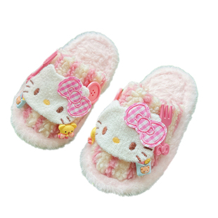 女童条纹毛毛拖鞋2025新款秋冬季加绒保暖儿童鞋子小童中童棉拖鞋