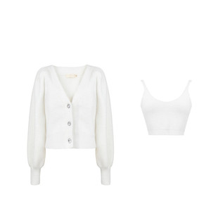 chenopod重工仿貂毛法式复古纯欲辣妹白色V领针织开衫背心两件套