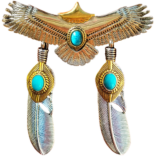 北美印第安蓝松石老鹰羽毛波洛领结纯手工藏银苗银雄鹰展翅领带绳