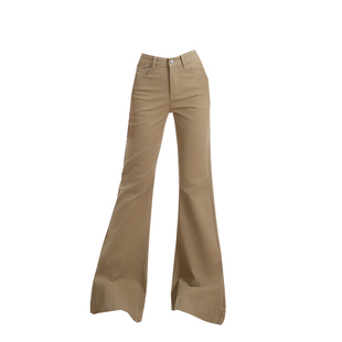 卡其色美式紧身微喇牛仔裤女冬季加绒加厚新款小个子提臀喇叭裤子