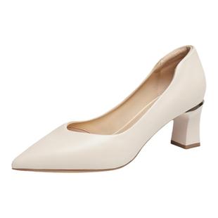 红蜻蜓高跟鞋面试考公女鞋超软小羊皮鞋子粗跟不累脚单鞋白色皮鞋