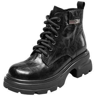 意尔康羊皮马丁靴女2025冬新款小个子厚底英伦风复古短靴真皮女靴