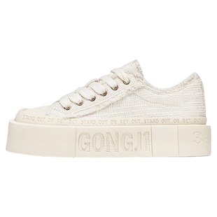 【鞠婧祎同款】GONGJI小香风方头板鞋女厚底增高小白鞋miu~帆布鞋