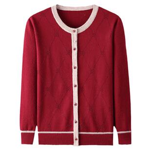 中老年妈妈装秋冬季新款外套圆领针织开衫女本命年大红色毛衣长袖