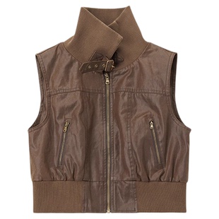 SoloForTwo 油纸皮立领棕色马夹 复古摩登背心马甲秋冬机车短外套