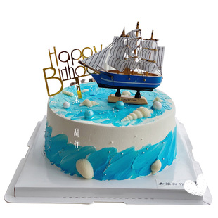 帆船蛋糕装饰摆件一帆风顺地中海风情景装扮沙滩贝壳海星模具插牌