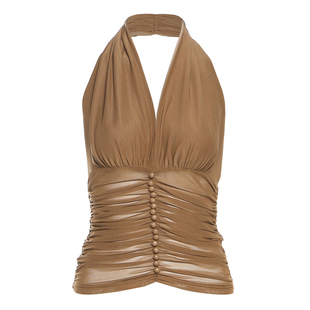 怪诞女孩 卡其色珍珠装饰褶皱V领挂脖背心女 露背性感辣妹短上衣