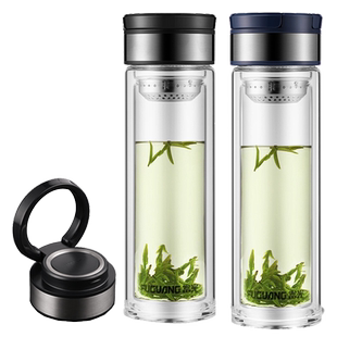 富光双层玻璃杯大容量茶杯男士商务玻璃杯便携提环水杯车载定制