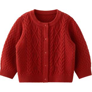 微狮牧尼婴儿针织衫秋冬季过年拜年衣服宝宝毛衣开衫满月红色外套