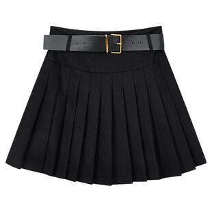 佧茜文复古压褶半身裙2025冬季新款时尚简约高腰黑色短款A字版型