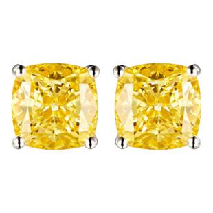 鹅黄小方糖|超闪1克拉四爪枕形肥方黄色仿真钻石耳钉耳环女925银