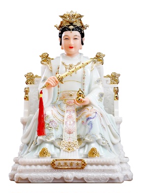 汉白玉九天玄女神像坐龙椅圣母娘娘手持兵法宝剑葫芦道家供奉摆件