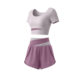 撞色瑜伽套装女高腰防走光短裤速干普拉提健身服小个子显瘦两件套