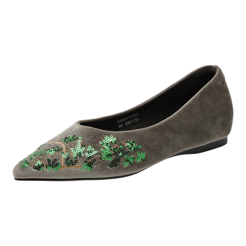 星期六刺绣尖头浅口平底通勤单鞋