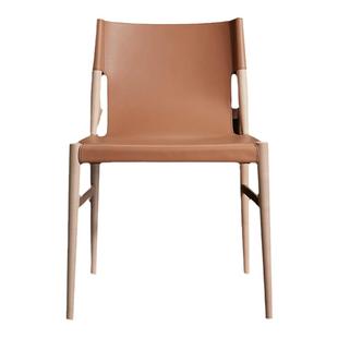 实木马鞍餐椅设计师样板间酒店咖啡厅马鞍皮高端靠背家用复古座椅