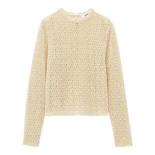 bash春季优雅编织水波纹长袖法式套头针织衫短款修身上衣1E25PONI