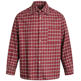 OV原创美式酒红色格纹复古长袖衬衫女春季纯棉宽松休闲情侣衬衣潮