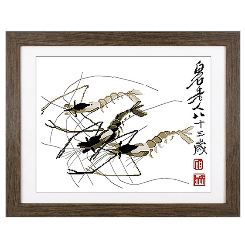齐白石的水墨国画虾趣简单十字绣