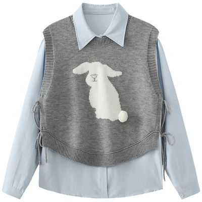 慕兔长袖衬衫叠穿针织马甲套装