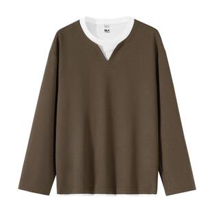 班尼路S&K华夫格长袖t恤男秋季双层领撞色叠穿假两件层次感打底衫