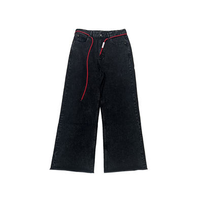 DUPU直筒阔腿牛仔裤刺绣腰绳设计