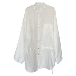 亚麻衬衫女2025新款轻奢高级感中长款宽松慵懒风腰抽绳棉麻上衣潮