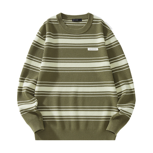 2025新款撞色条纹美针织衫休闲圆领毛衣男秋季男装内搭打底海魂衫