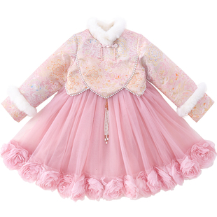 女童连衣裙儿童中国风旗袍拜年服冬装2025新款女孩加绒新年公主裙