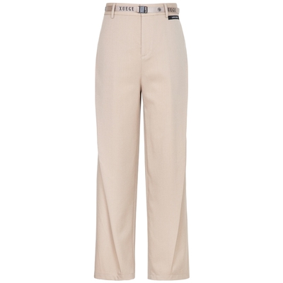 XG雪歌腰带装饰卡其色休闲裤时尚春季新款压褶设计绵羊毛直筒裤女