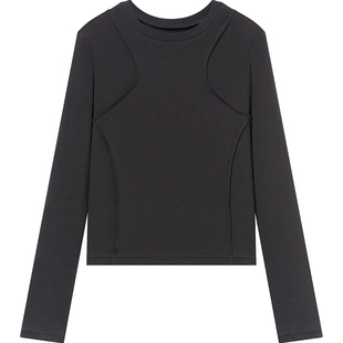 7AM10PM气质修身打底衫女新款拼接长袖T恤深灰色π型分割紧身上衣