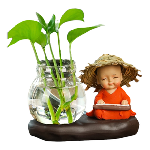 个性禅意茶宠四不小和尚客厅插花小摆件玻璃器皿绿萝水培装饰摆件