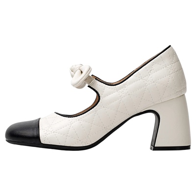 Miaolv College法式小香风蝴蝶结一字带玛丽珍鞋女白色粗跟高跟鞋