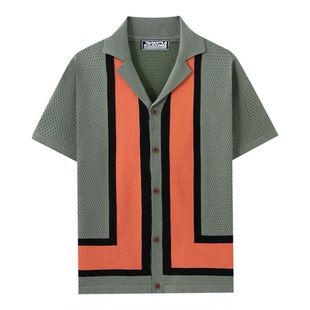 欧美男装2026夏季条纹撞色针织衫大码短袖镂空Polo衫Men's Shirts
