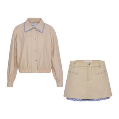 ROCHAROMMA 2026春夏新款格纹拼接休闲外套毛边裙裤套装女