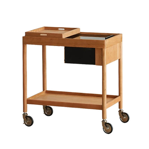 复古实木边几北欧客厅可移动小推车中古沙发推拉茶几置物架酒水车