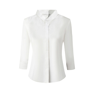 职业白衬衫女七分袖立领修身工作服中袖夏季2025新款中袖白色衬衣