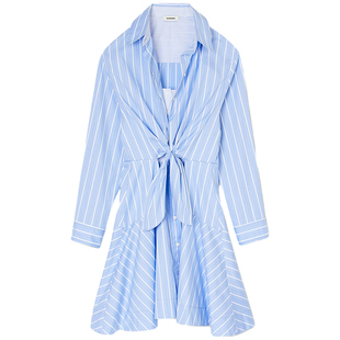 SANDRO春夏女装法式气质时尚假两件蓝白条纹衬衫收腰短款连衣裙